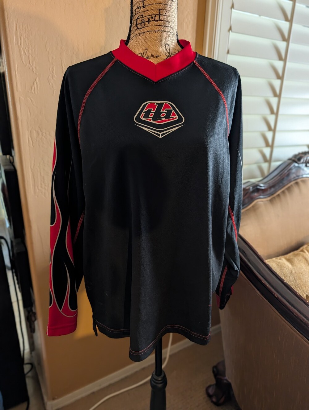 Troy LEE DESING Black & Red Long Sleeve Pullover with Flame Sleeve Detail